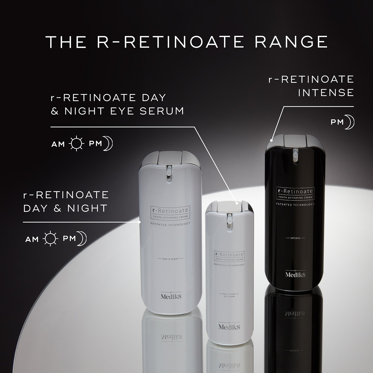  A display showcasing THE R-RETINOATE RANGE, including r-RETINOATE DAY & NIGHT EYE SERUM, r-RETINOATE DAY & NIGHT and r-RETINOATE INTENSE. All bottles feature PATENTED TECHNOLOGY