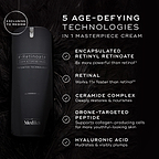 Medik8 r-Retinoate Intense cream bottle against a dark feathered background. Text highlights 5 age-defying technologies: Encapsulated Retinyl Retinoate, Retinal, Ceramide Complex, Drone-Targeted Peptide, and Hyaluronic Acid.
