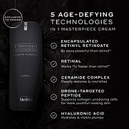 Medik8 r-Retinoate Intense cream bottle against a dark feathered background. Text highlights 5 age-defying technologies: Encapsulated Retinyl Retinoate, Retinal, Ceramide Complex, Drone-Targeted Peptide, and Hyaluronic Acid.