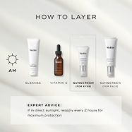 Four Medik8 products are arranged for an AM skincare routine against a light grey background. The steps include Surface Radiance Cleanse, C-Tetra Luxe (Vitamin C), Advanced Day Eye Protect (Sunscreen for eyes), and Advanced Day Total Protect (Sunscreen for face). Expert advice recommends reapplying every 2 hours if in direct sunlight.