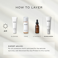 A "How to Layer" AM guide features Medik8 Advanced Day Total Protect as the final 'Sunscreen' step. The routine begins with Surface Radiance Cleanse (Cleanse), followed by Press & Glow (Tone), and C-Tetra Luxe (Vitamin C). A text box provides expert advice: for UV protection optimised for the eye area, add Advanced Day Eye Protect to this routine.