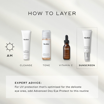 A "How to Layer" AM guide features Medik8 Advanced Day Total Protect as the final 'Sunscreen' step. The routine begins with Surface Radiance Cleanse (Cleanse), followed by Press & Glow (Tone), and C-Tetra Luxe (Vitamin C). A text box provides expert advice: for UV protection optimised for the eye area, add Advanced Day Eye Protect to this routine.