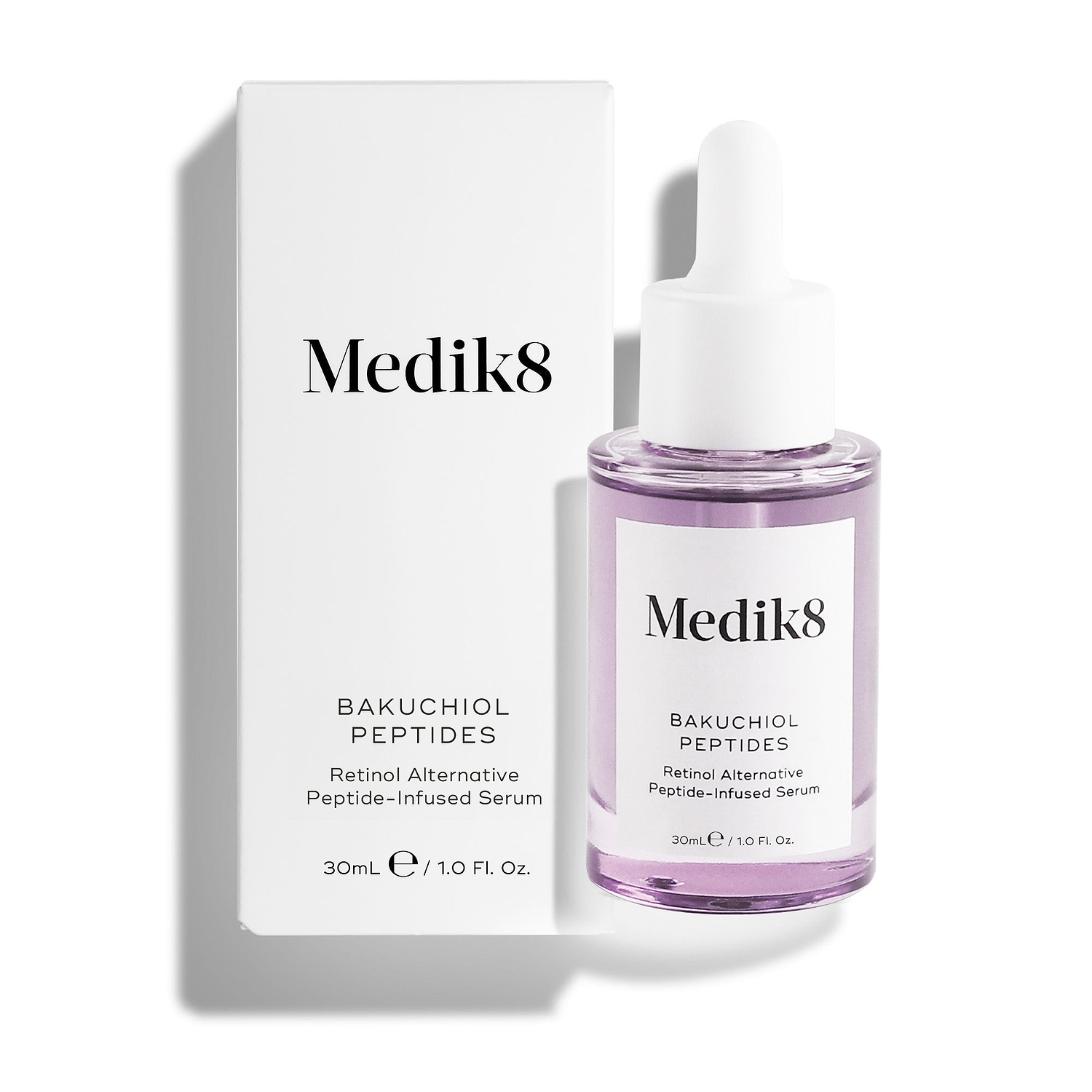 Medik8 Bakuchiol Peptides serum bottle filled with purple liquid stands alongside its white outer carton against a clean white background. Text on the packaging identifies it as a "Retinol Alternative Peptide-Infused Serum."