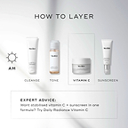 Medik8 layering guide titled "HOW TO LAYER" on a clean white background with soft light rays. An AM sun icon indicates a four-step morning routine:

CLEANSE: Medik8 Surface Radiance Cleanse tube.

TONE: Medik8 Press & Glow bottle.

VITAMIN C: Medik8 C-Tetra Cream jar.

SUNSCREEN: Medik8 Advanced Day Ultimate Protect tube. A dashed box at the bottom provides "EXPERT ADVICE" suggesting Daily Radiance Vitamin C for those wanting stabilised vitamin C and sunscreen in one formula.