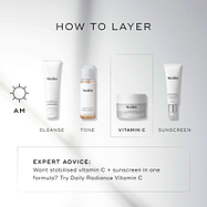 Medik8 layering guide titled "HOW TO LAYER" on a clean white background with soft light rays. An AM sun icon indicates a four-step morning routine:

CLEANSE: Medik8 Surface Radiance Cleanse tube.

TONE: Medik8 Press & Glow bottle.

VITAMIN C: Medik8 C-Tetra Cream jar.

SUNSCREEN: Medik8 Advanced Day Ultimate Protect tube. A dashed box at the bottom provides "EXPERT ADVICE" suggesting Daily Radiance Vitamin C for those wanting stabilised vitamin C and sunscreen in one formula.