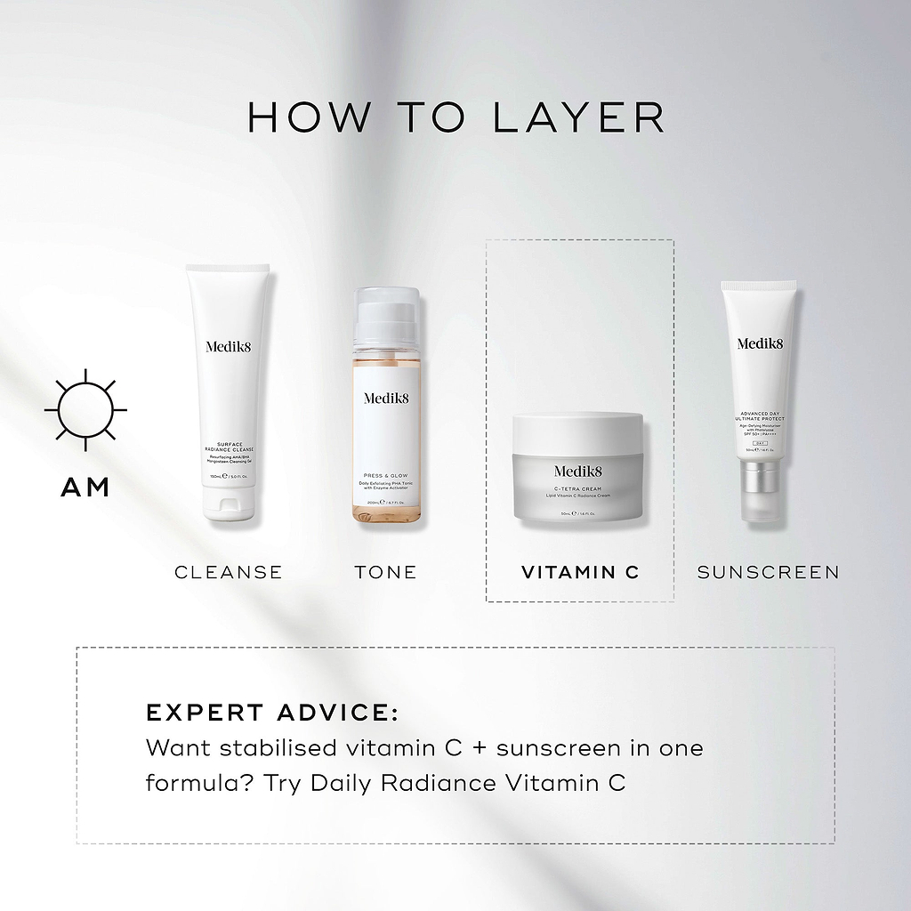 Medik8 layering guide titled "HOW TO LAYER" on a clean white background with soft light rays. An AM sun icon indicates a four-step morning routine:

CLEANSE: Medik8 Surface Radiance Cleanse tube.

TONE: Medik8 Press & Glow bottle.

VITAMIN C: Medik8 C-Tetra Cream jar.

SUNSCREEN: Medik8 Advanced Day Ultimate Protect tube. A dashed box at the bottom provides "EXPERT ADVICE" suggesting Daily Radiance Vitamin C for those wanting stabilised vitamin C and sunscreen in one formula.