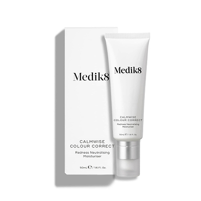 A white tube of Calmwise Colour Correct (50mL) stands beside its matching white carton.