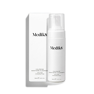 Medik8 Calmwise Soothing Cleanser pump bottle standing next to its white packaging box on a white background. Text identifies it as an "Ultra-Mild Chlorophyll Foam."