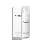 Medik8 Clarifying Foam pump bottle stands next to its matching white outer carton on a clean white background. Text on both identifies the product as a 150mL Refreshing AHA/BHA Blemish Cleanser.