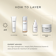 A "How to Layer" AM guide features Medik8 Daily Radiance Vitamin C as the final 'Vitamin C + SPF' step. The routine begins with Surface Radiance Cleanse (Cleanse), followed by Press & Glow (Tone), and Liquid Peptides (Target). Expert advice notes to reapply every 2 hours if in high-strength sun for maximum UV protection.