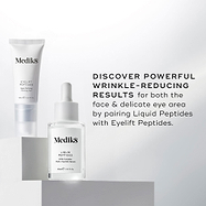 A clear glass dropper bottle of Liquid Peptides serum and a tube of Eyelift Peptides are shown. Text states, DISCOVER POWERFUL WRINKLE-REDUCING RESULTS for both the face & delicate eye area by pairing Liquid Peptides with Eyelift Peptides.
