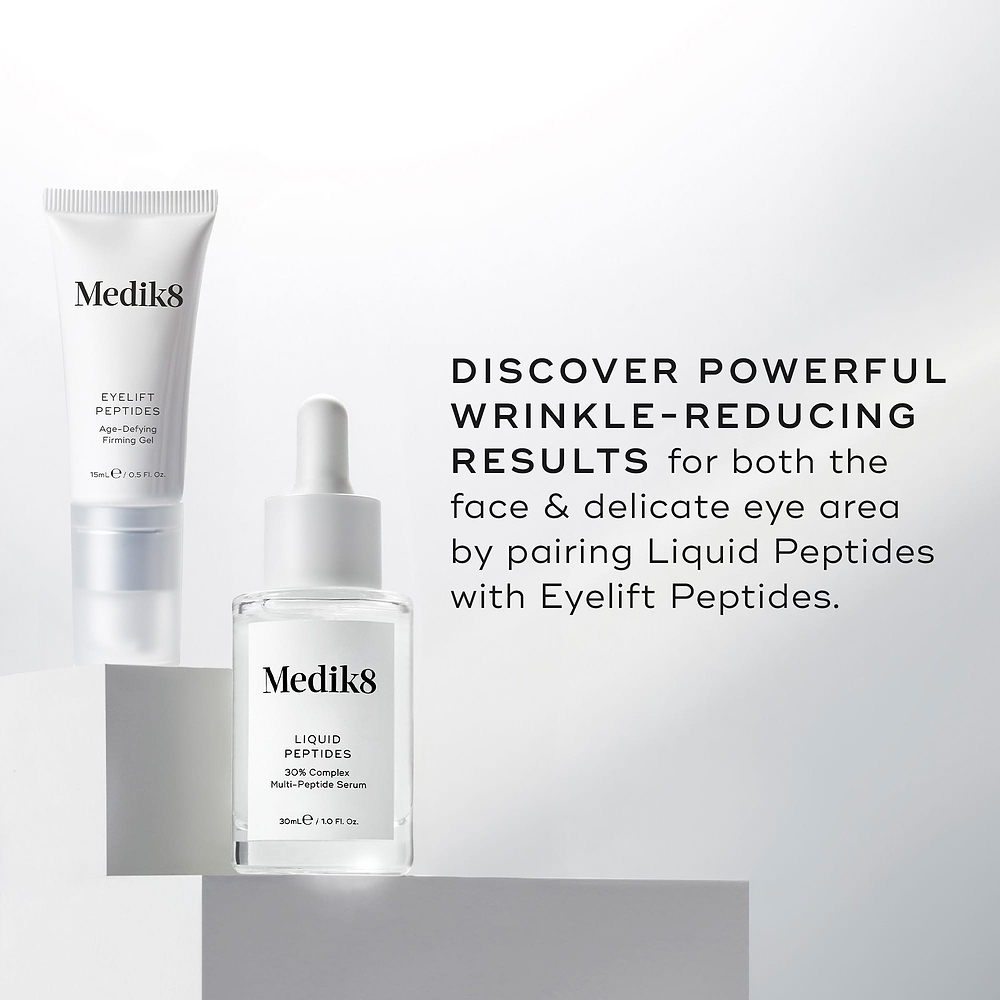 A clear glass dropper bottle of Liquid Peptides serum and a tube of Eyelift Peptides are shown. Text states, DISCOVER POWERFUL WRINKLE-REDUCING RESULTS for both the face & delicate eye area by pairing Liquid Peptides with Eyelift Peptides.