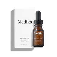 Medik8 Retinol 3TR serum bottle and its white cardboard carton displayed on a clean white background with soft shadows. The amber glass bottle with a black dropper cap and the white box both feature the Medik8 logo and identify the product as "RETINOL 3TR Advanced 0.3% Vitamin A Serum" in a 15mL size.