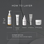 Dark, minimal ‘How to Layer’ night-time skincare graphic with a moon icon and PM routine. Medik8 products are shown in order with text beneath each: ‘Cleanse’ (Lipid-Balance Cleansing Oil), ‘Direct Acid’ (Sleep Glycolic), ‘Target’ (Liquid Peptides), ‘Vitamin A’ (Crystal Retinal), and ‘Moisturise’ (Advanced Night Restore). A dotted box highlights the ‘Direct Acid’ step. Below, a caption reads: ‘Expert Advice: Only use one direct acid per regime.’