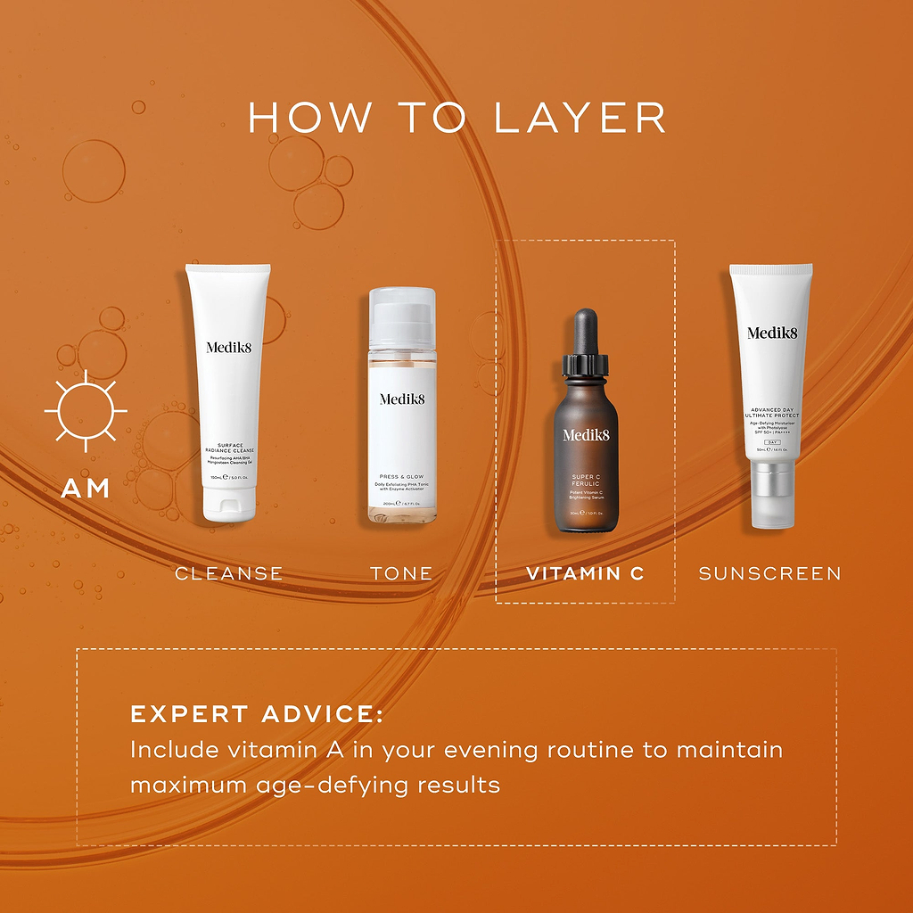 Medik8 layering guide titled "HOW TO LAYER" set against a vibrant orange background.. An AM sun icon indicates a four-step morning routine:

CLEANSE: Medik8 Surface Radiance Cleanse tube.

TONE: Medik8 Press & Glow bottle.

VITAMIN C: Medik8 Super C Ferulic serum bottle.

SUNSCREEN: Medik8 Advanced Day Ultimate Protect tube.

A dashed box at the bottom provides "EXPERT ADVICE" to include vitamin A in your evening routine to maintain maximum age-defying results.