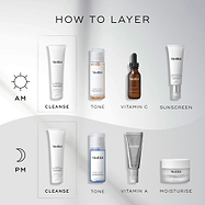 A "How to Layer" guide showing Medik8 Surface Radiance Cleanse as the first step for both AM and PM routines. The AM routine follows with Press & Glow (Tone), C-Tetra Luxe (Vitamin C), and Advanced Day Ultimate Protect (Sunscreen). The PM routine follows with Press & Clear (Tone), Crystal Retinal (Vitamin A), and Advanced Night Restore (Moisturise).
