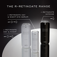 Three Medik8 r-Retinoate products displayed on a reflective surface: r-Retinoate Day & Night and r-Retinoate Day & Night Eye Serum (both for AM/PM use), and r-Retinoate Intense (for PM use only).