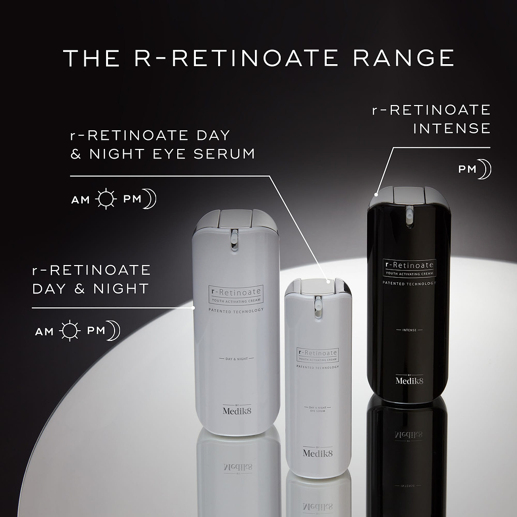 Three Medik8 r-Retinoate products displayed on a reflective surface: r-Retinoate Day & Night and r-Retinoate Day & Night Eye Serum (both for AM/PM use), and r-Retinoate Intense (for PM use only).
