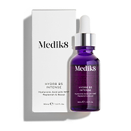 Medik8 Hydr8 B5 Intense glass dropper bottle stands next to its matching white outer carton on a clean white background. Text on both identifies the product as a 30mL Hyaluronic Acid with NMF serum designed to Replenish & Boost.