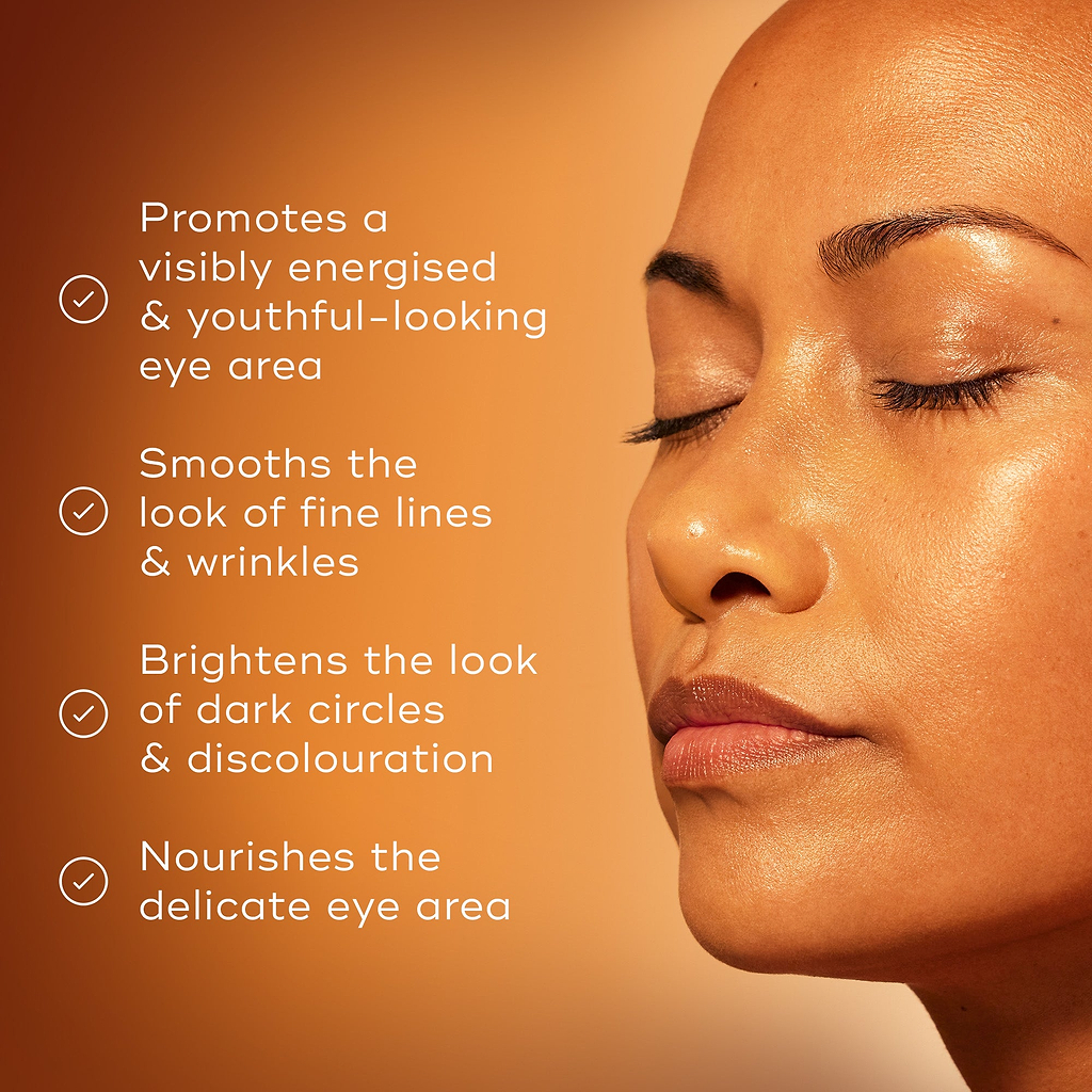 Close-up of a woman’s face with eyes closed on a warm orange background. Text reads: ‘Promotes a visibly energised & youthful-looking eye area. Smooths the look of fine lines & wrinkles. Brightens the look of dark circles & discolouration. Nourishes the delicate eye area.’”