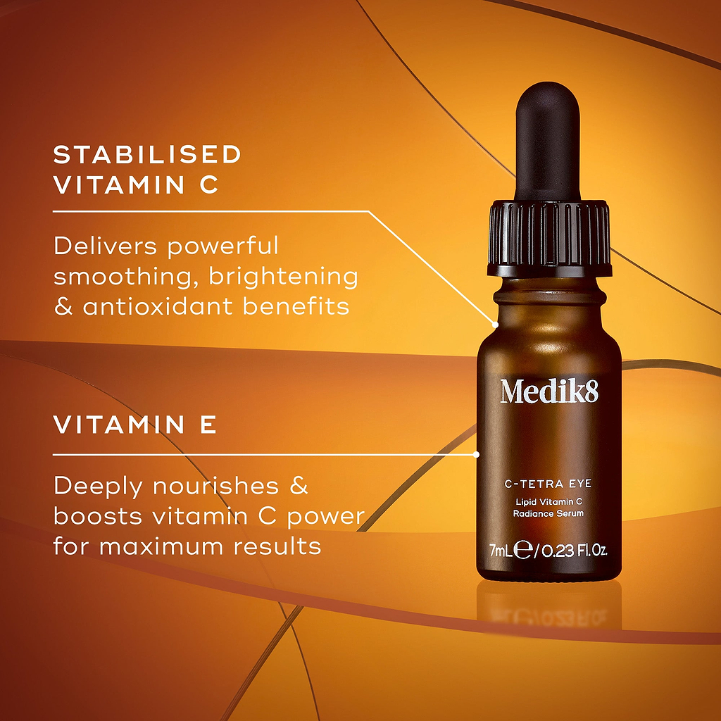 Medik8 Vitamin C eye serum shown on a warm orange background. Text reads: ‘Stabilised Vitamin C delivers powerful smoothing, brightening & antioxidant benefits. Vitamin E deeply nourishes and boosts vitamin C power for maximum results.’
