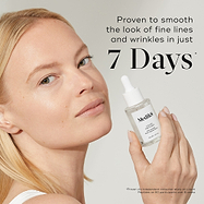 A woman holds a bottle of Liquid Peptides serum. Text on the right states, "Proven to smooth the look of fine lines and wrinkles in just 7 Days*." A footnote states this is from an independent consumer study.