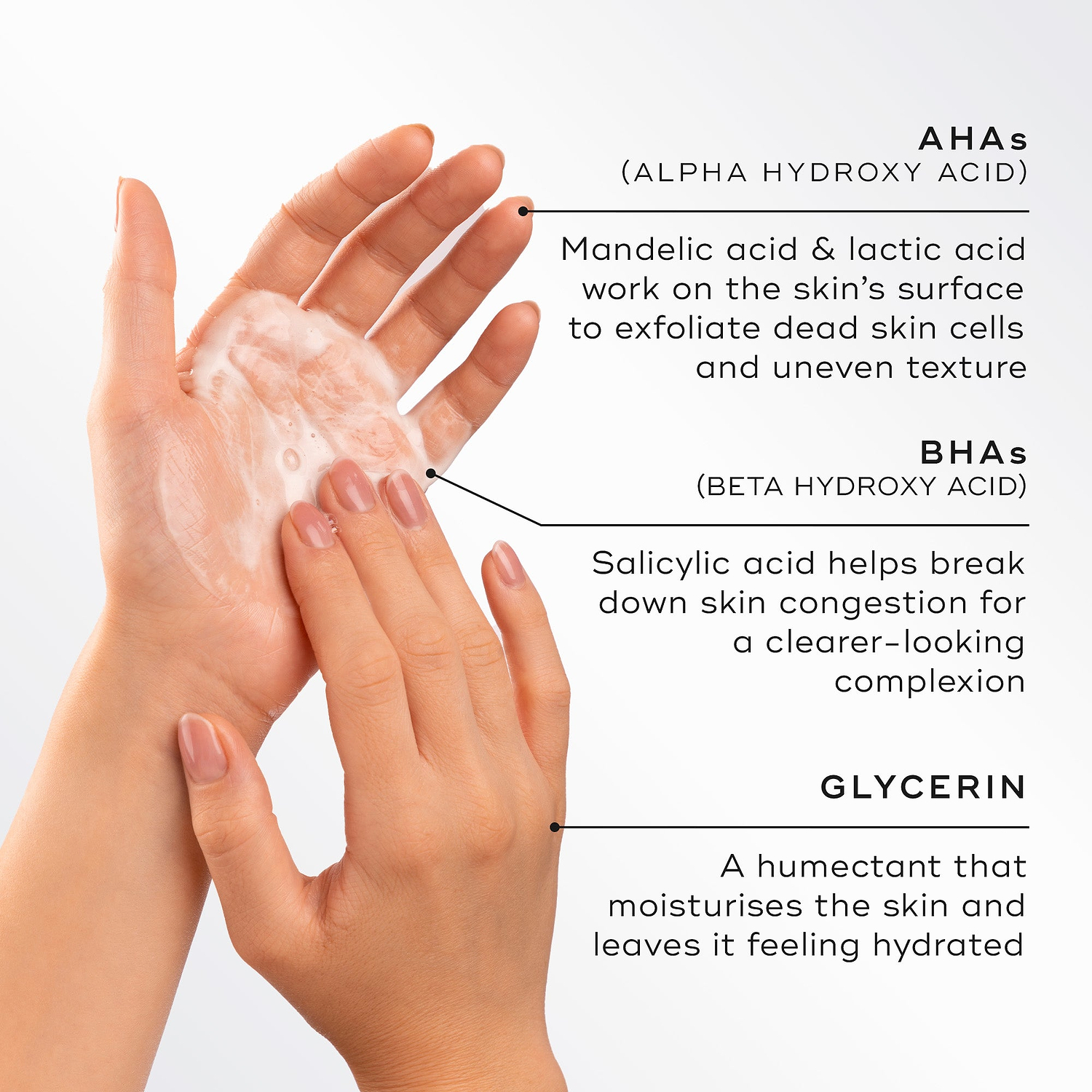 Close-up of hands lathering a light foam, highlighting key ingredients for Medik8 Surface Radiance Cleanse. Text describes AHAs (Mandelic and Lactic acid) for surface exfoliation, BHAs (Salicylic acid) to break down congestion, and Glycerin to moisturise and hydrate.