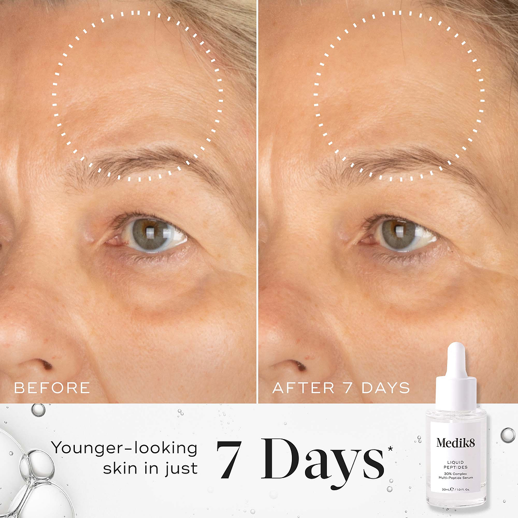 A before-and-after close-up of an eye and forehead area, showing visibly smoother skin in the circled section in the "After 7 Days" image compared to the "Before" side. Text highlights "Younger-looking skin in just 7 Days*". A bottle of Medik8 Liquid Peptides serum is shown in the corner alongside clear liquid bubble graphics.
