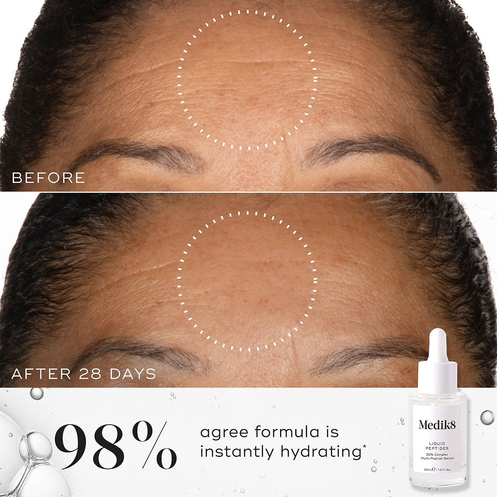 A before-and-after close-up of a forehead, showing smoother skin in the circled area in the "After 28 Days" image compared to "Before." Text states "98% agree formula is instantly hydrating*". A bottle of Medik8 Liquid Peptides serum is displayed in the corner against a background of clear liquid bubbles.