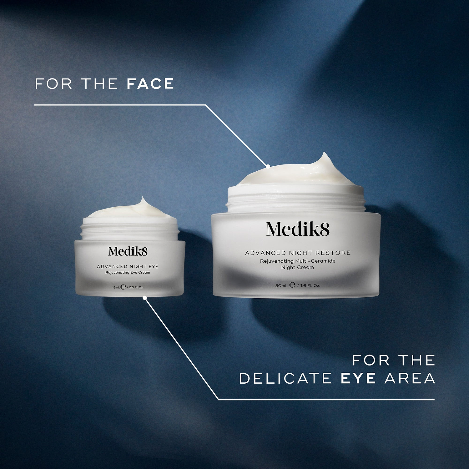 Comparison image shows Medik8 Advanced Night Eye jar alongside the larger Advanced Night Restore jar. Text designates the smaller jar "For the delicate eye area" and the larger "For the face".