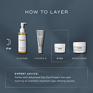 "How to Layer" chart displays a PM skincare routine. Advanced Night Eye is shown as the "Eyes" step, following cleansing and Vitamin A, and preceding moisturiser.
