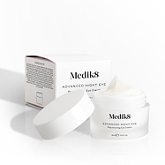 Medik8 Advanced Night Eye cream jar sits open next to its packaging box on a white background. Text highlights the "Rejuvenating Eye Cream" formula and 15mL size.