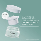 An exploded view of the Medik8 Total Moisture Daily Facial Cream packaging set against a teal background. It shows the empty frosted glass jar at the bottom, a white recyclable refill pod containing white cream hovering above it, and the white lid floating at the top. Text highlights "ENJOY MORE MOISTURE BUT LESS WASTE WITH THE RECYCLABLE REFILL POD," and a circular badge claims "94% LESS PACKAGING."