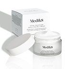 An open frosted glass jar of Medik8 Total Moisture Daily Facial Cream with a white lid resting beside it, displaying its rich white cream. The jar stands in front of its white cardboard carton on a light background. Text on both reads: "AM/PM Multi-Layered Moisturisation with H.E.O.® & Prebiotic Peptides."