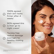 A model applies Medik8 Advanced Night Restore, smiling with a dab of cream on her cheek while holding the jar. Text lists benefits including "100% agreed their skin looks firmer after 4 weeks*" and "90% agreed this is their go to night cream."
