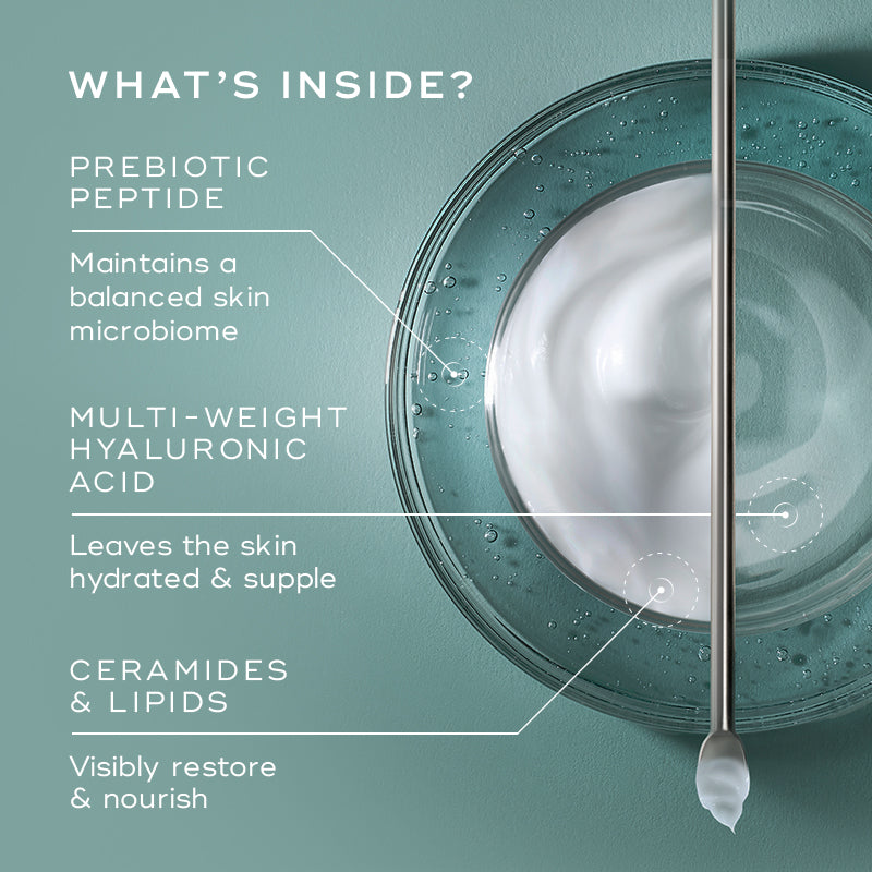 An infographic titled "WHAT'S INSIDE?" over a teal background, showing a top-down view of a glass dish containing a swirl of white cream and clear liquid with a metal spatula. Text points to key ingredients: PREBIOTIC PEPTIDE (Maintains a balanced skin microbiome), MULTI-WEIGHT HYALURONIC ACID (Leaves the skin hydrated & supple), and CERAMIDES & LIPIDS (Visibly restore & nourish).