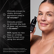 A woman holding a bottle of Liquid Peptides Advanced MP. Three bullet points with checkmarks list product benefits: "Clinically proven to visibly diminish expression lines in 10 minutes," "Clinically proven to diminish the look of deep-set wrinkles in 8 weeks," and "86% agree no new lines or wrinkles have formed since using the serum." Footnotes cite independent clinical and consumer studies.