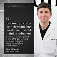 Daniel Isaacs, Chief Product Officer for Medik8 is shown with a quote stating: "Discover precision peptide technology for dramatic wrinkle reduction. Formulated with a potent blend of 13 age-defying peptides including breakthrough Dual MiniProteins™."