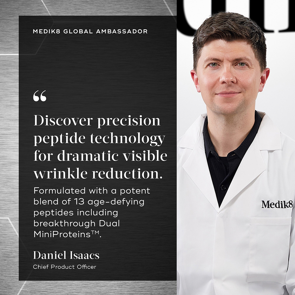 Daniel Isaacs, Chief Product Officer for Medik8 is shown with a quote stating: "Discover precision peptide technology for dramatic wrinkle reduction. Formulated with a potent blend of 13 age-defying peptides including breakthrough Dual MiniProteins™."