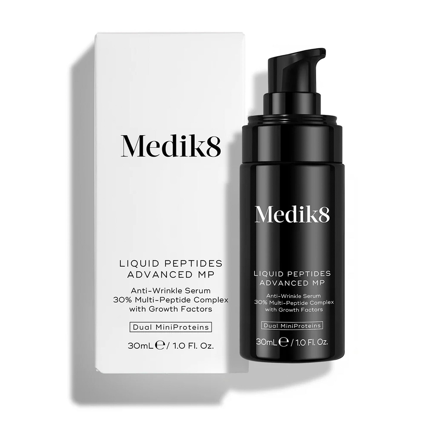 A Medik8 Liquid Peptides Advanced MP pump bottle standing next to its white packaging box on a white background. 