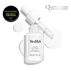 A clear glass dropper bottle of Liquid Peptides serum is presented, with its dropper removed and resting beside it and serum droplets, showing the texture.