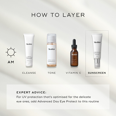 An infographic titled "HOW TO LAYER" displaying a four-step morning routine: Cleanse (Surface Radiance Cleanse), Tone (Press & Glow), Vitamin C (C-Tetra Luxe), and Sunscreen (Advanced Day Ultimate Protect). Expert advice at the bottom suggests adding Advanced Day Eye Protect to the routine for delicate eye area protection.