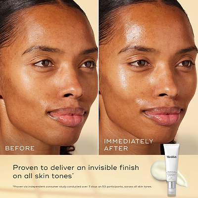 A before and after comparison of a participant’s face, demonstrating an invisible finish. Text states the product is "Proven to deliver an invisible finish on all skin tones." An image of a white tube of Advanced Day Ultimate Protect with a dollop of cream is shown in the corner.
