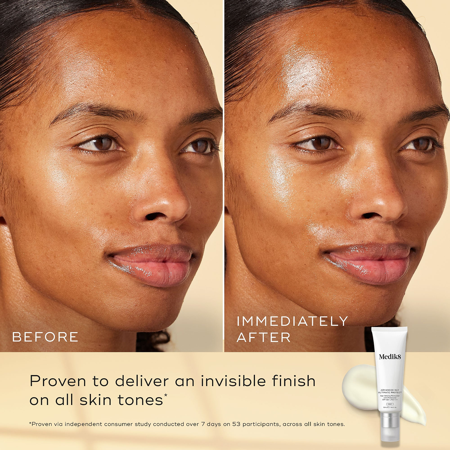 A before and after comparison of a participant’s face, demonstrating an invisible finish. Text states the product is "Proven to deliver an invisible finish on all skin tones." An image of a white tube of Advanced Day Ultimate Protect with a dollop of cream is shown in the corner.