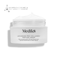 Medik8 Advanced Pro-Collagen+ Peptide Cream jar stands against a clean white background, with the open top revealing a rich white cream texture. Text on the jar highlights "Rejuvenating Anti-Wrinkle Moisturiser with GF MiniProtein & NAD+ Boost," while a geometric graphic in the corner reads "Growth Factor MP™ & NAD+ Longevity Booster."