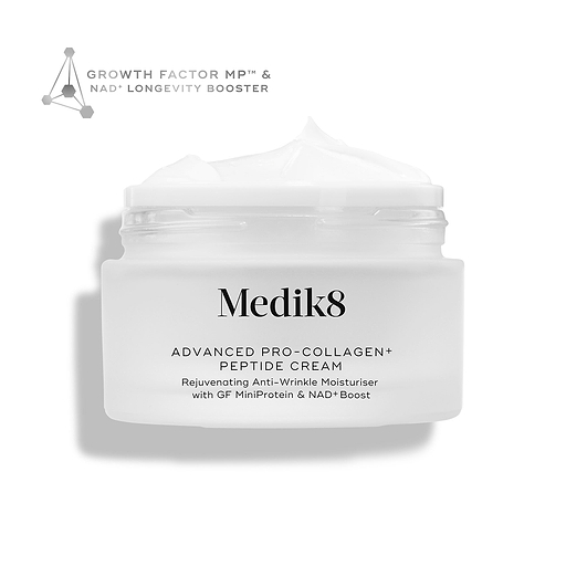 Medik8 Advanced Pro-Collagen+ Peptide Cream jar stands against a clean white background, with the open top revealing a rich white cream texture. Text on the jar highlights "Rejuvenating Anti-Wrinkle Moisturiser with GF MiniProtein & NAD+ Boost," while a geometric graphic in the corner reads "Growth Factor MP™ & NAD+ Longevity Booster."