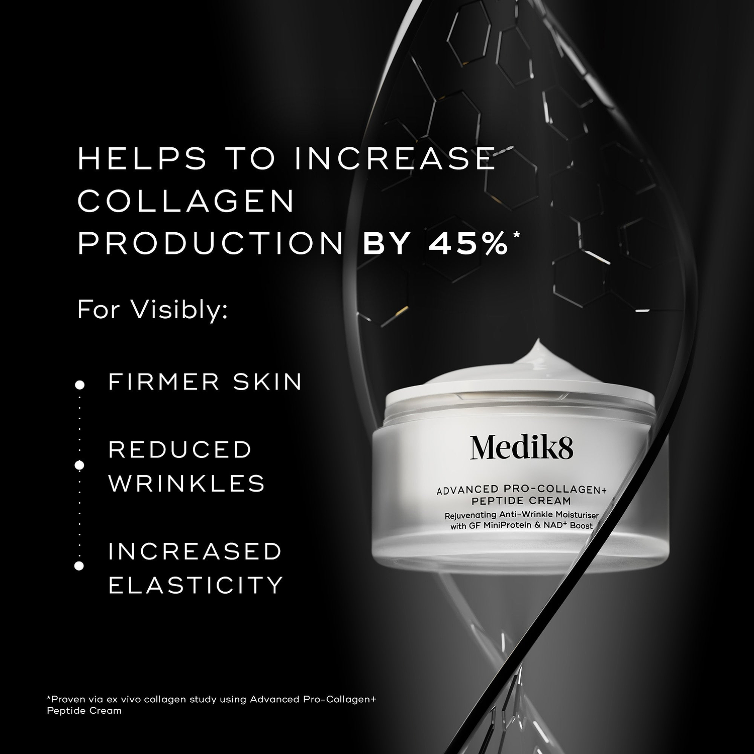 Black backdrop with the Advanced Pro-Collagen+ Peptide Cream jar and text reading: 'Helps to increase collagen production by 45%*.' Benefit claims include firmer skin, reduced wrinkles, and increased elasticity. Asterisk notes this is from an ex vivo study.