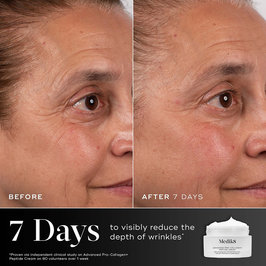 Side-by-side 'before and after' photos of a woman over 7 days using Medik8 Advanced Pro-Collagen+ Peptide Cream. Text below reads: '7 Days to visibly reduce the depth of wrinkles.'