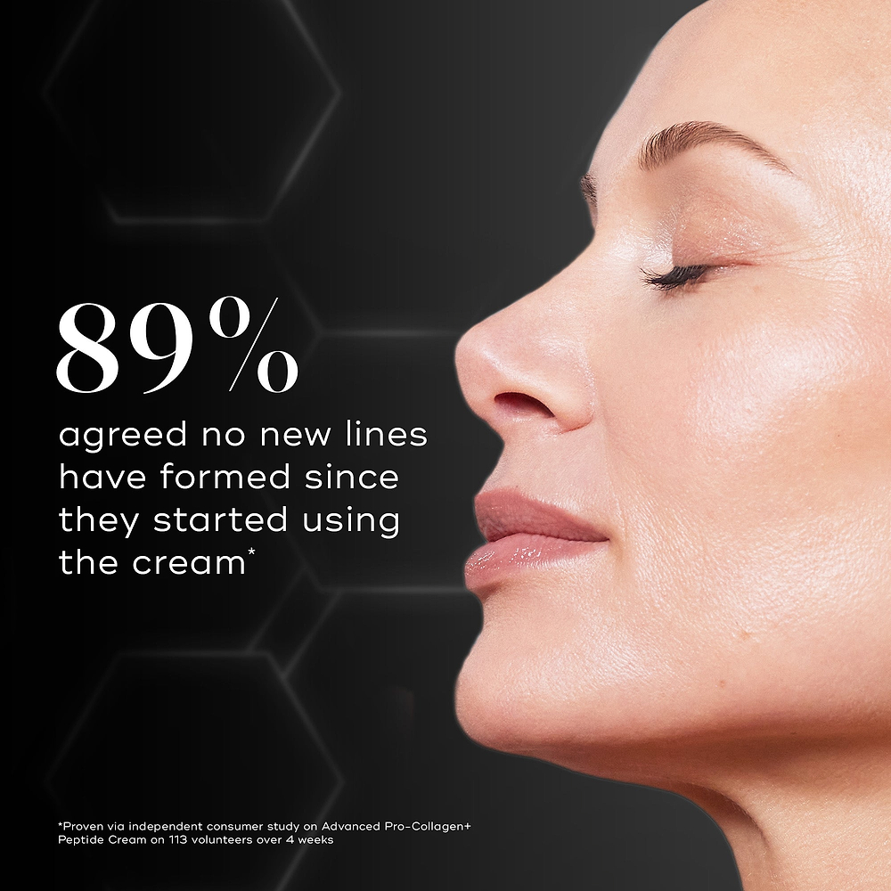 Close-up of a woman smiling with smooth skin. Overlay text reads: '89% agreed no new lines have formed since they started using the cream,' based on a user trial.