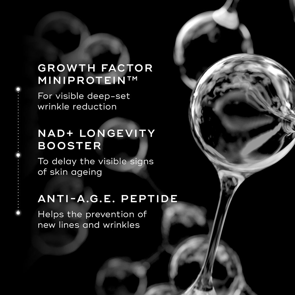 Black background with flowing serum texture. Text highlights three key ingredients in Medik8 Advanced Pro-Collagen+ Peptide Cream: Growth Factor MiniProtein™ for deep-set wrinkle reduction, NAD+ Longevity Booster for delaying ageing signs, and Anti-A.G.E. Peptide to reduce lines and wrinkles.